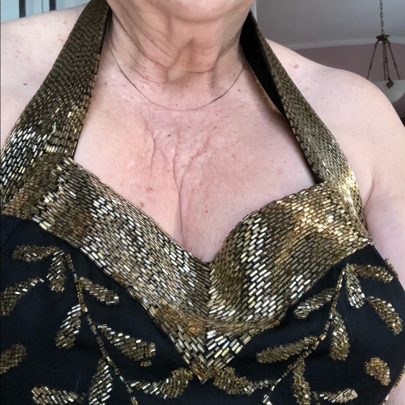 Designer one off long black dress with hand sewn gold beads - Picture 12 of 12